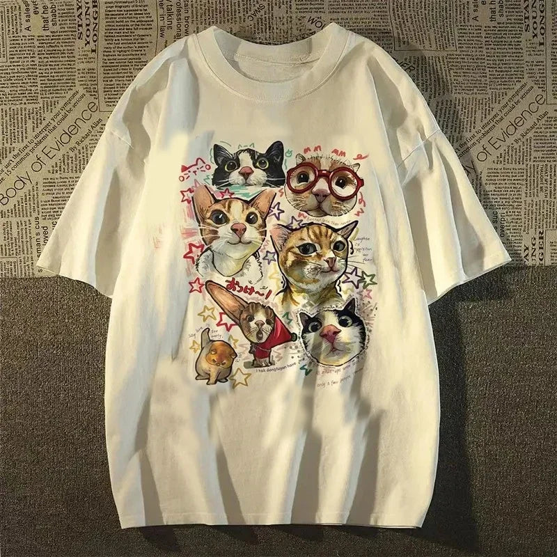 American Retro Fun Cartoon Cat Print Short-sleeved T-shirt Women's Summer Loose Top T-shirt Graphic T Shirts Women Clothing Y2K
