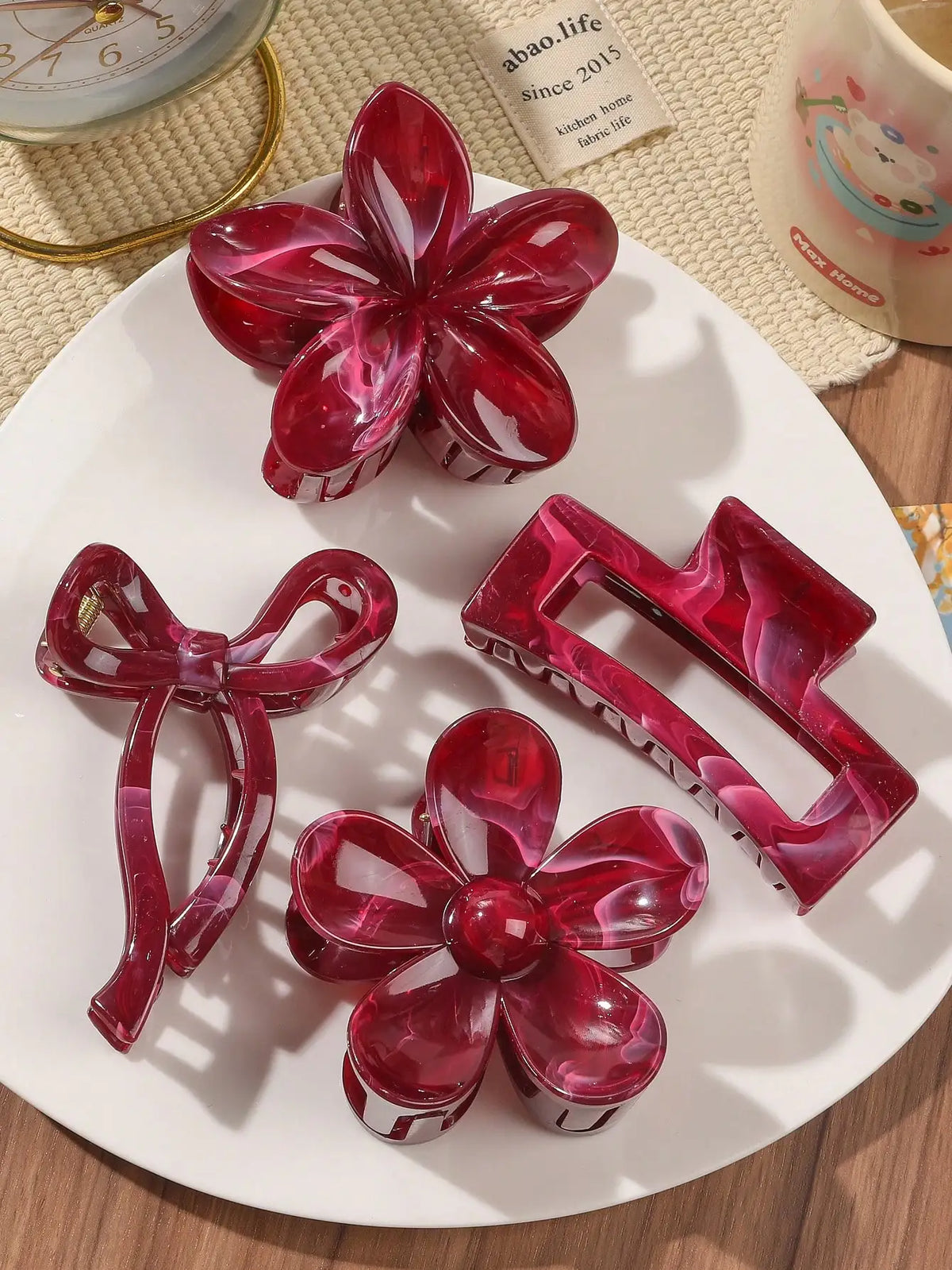 4Pcs Autumn Winter Burgundy Bow Square Flower Hair Claw Clips for Women MultiStyle Red Fashion Hair Accessories Headwear Hairpin