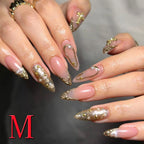 10PCS Diamond French Pointed Nail Short Square Nail Nude Fake Nail With Gold Glitter Diamond Nail Leopard Print Fake Nail