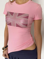 Summer Y2K British Flag Rhinestone Print Round Neck Slim Short Sleeve Ruched Crop T Shirt Women Casual Tee Top 2026 New