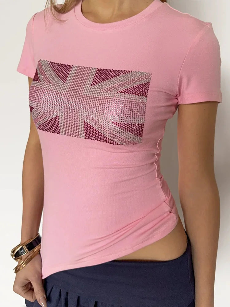 Summer Y2K British Flag Rhinestone Print Round Neck Slim Short Sleeve Ruched Crop T Shirt Women Casual Tee Top 2026 New