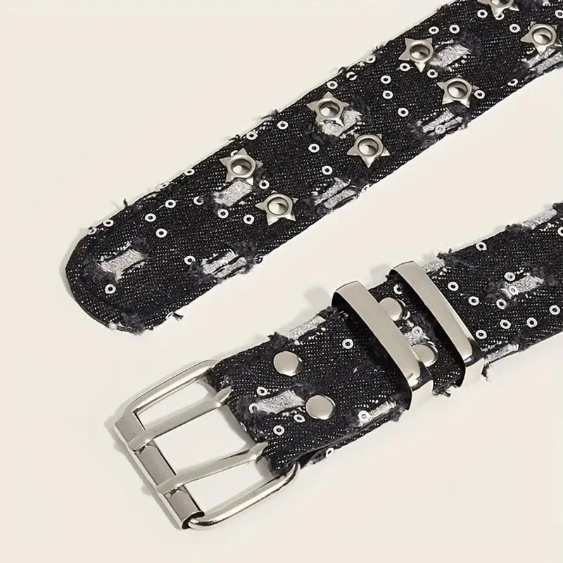 1PC New Fashion Luxury Belt Black Punk Accessories Blue Denim Girdle HipHop Y2k Star Hollowed Pin Buckle Waistband，For Men Women