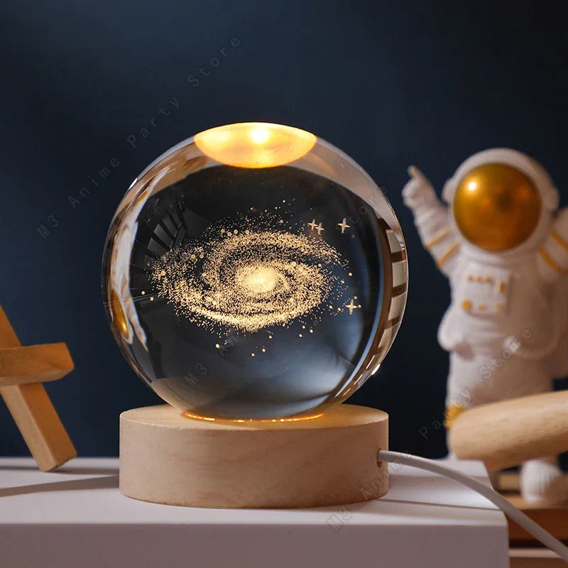 Unique 3D Crystal Ball Night Light Led Lamp Bedside Table Glowing Galaxy Lamp Saturn Planets Moon Birthday Gift Toy 5cm