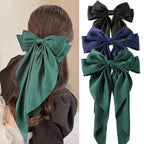 Korean Accessories Hair Clips for Women Girls Big Bowknot Solid Satin Long Ribbon Bows Spring Clamp Barette Cheveux Femme 2023