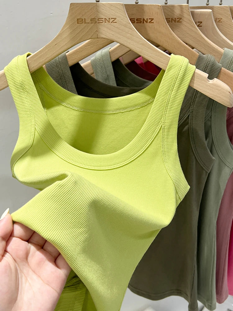 zjaiss Women Solid Round Neck Ribbed Tank Top Camisole Women 2026 Summer Basic Elastic Tank Top O Neck Solid Tank Top