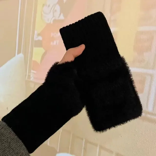 New Winter Imitation Mink Cashmere Half Finger Gloves Women Men Warm Luxury Solid Color Plush for Driving Outdoor Sports