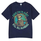 Funny Save The Planet Kill All Humans Robot Graphic Print T Shirt Men's Women Fashion Short Sleeve T-shirt Oversized Cotton Tees
