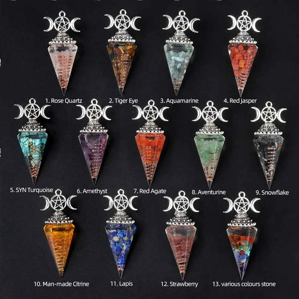 54x24mm Natural Stone Crystal Reiki Pendulum Three Phases Moon Hexagonal Cone Amethysts Charms for Jewelry Making DIY Necklace