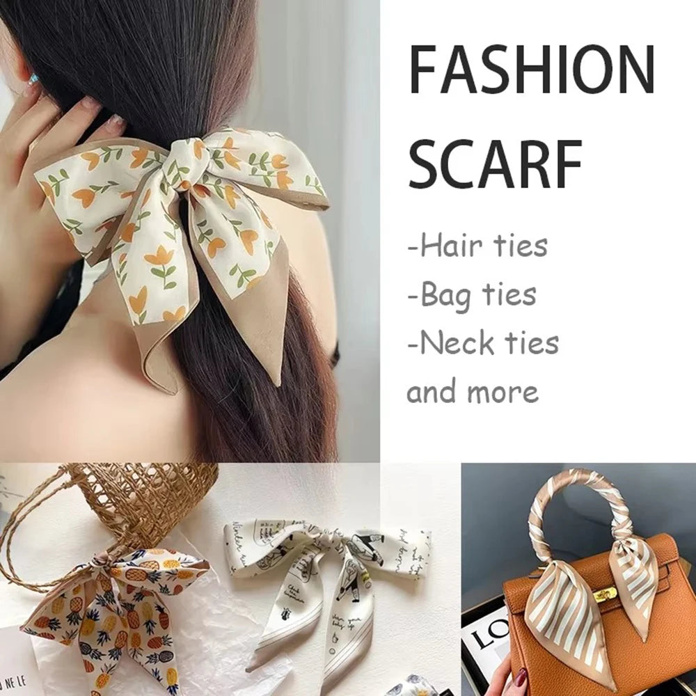 Fashion Print Silk Skinny Hair Scarf For Women Narrow Ribbon Tie Handle Bag Band Bandana Neckerchief