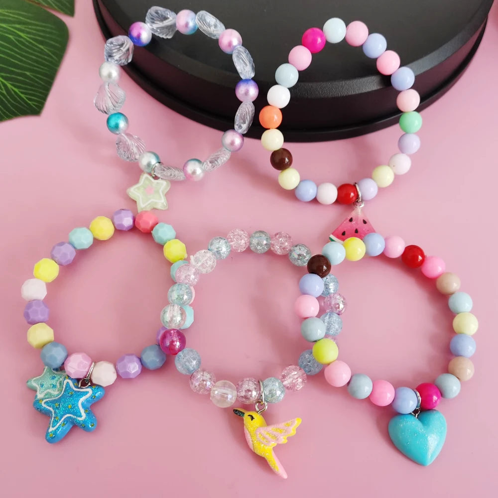 5Pcs/Set Children Cute Unicorn Cartoon Heart Star Bracelet For Kids Girls Elastic Candy Beads Bracelets Lovely Jewelry