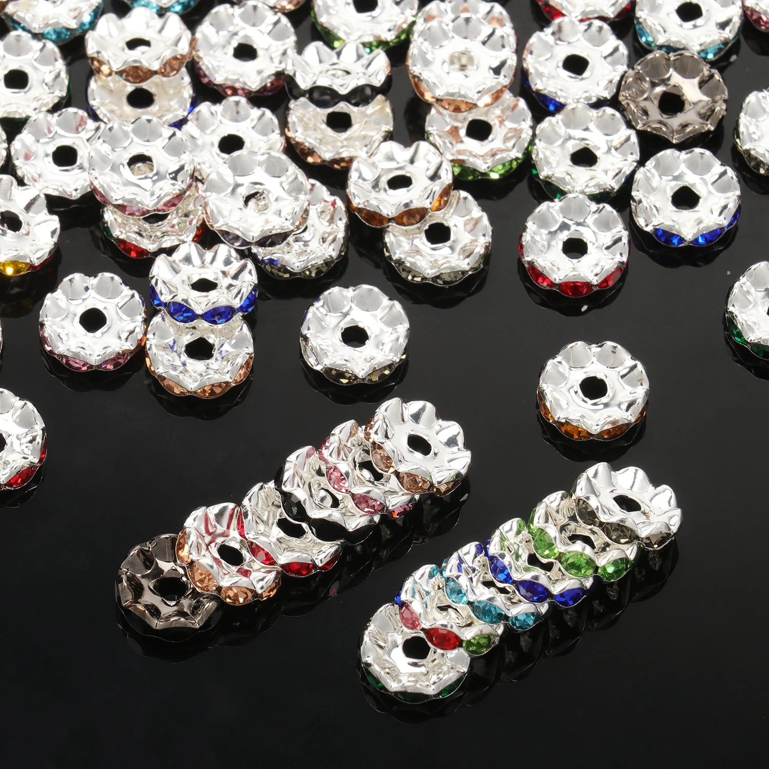 30pcs/lot 12mm Wave Side Rhinestone Spacer Beads Colorful Crystal Metal Rondelle for Jewelry Making Diy Crafts Accessories