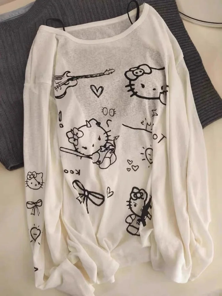 Hello Kitty Women's Round Neck UV Protection Cover Up Long Sleeve T-Shirt Summer Kawaii Loose Fit Casual Oversized Top