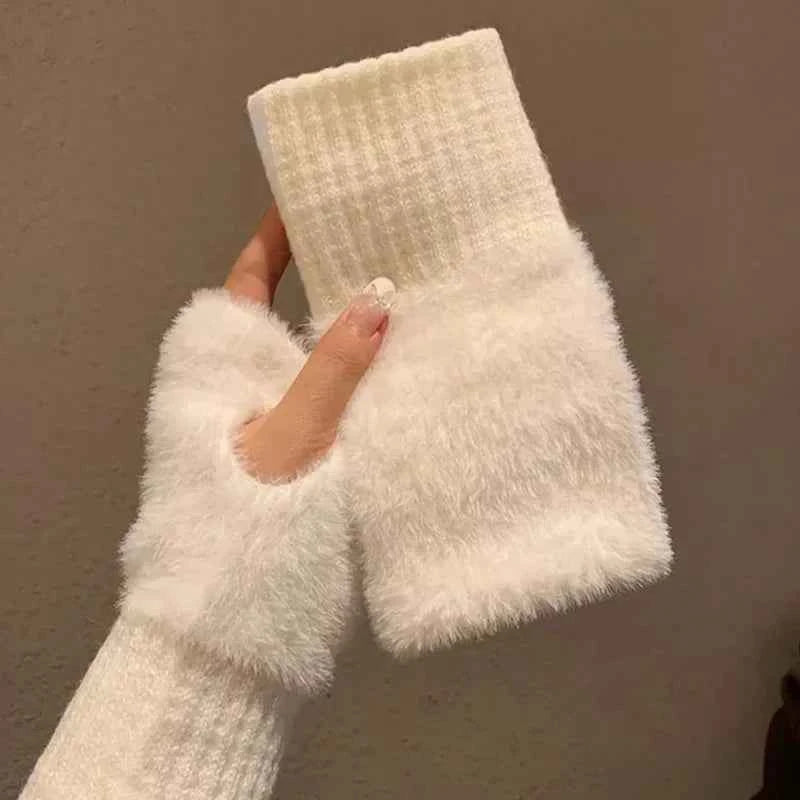 Soft Winter Half Finger Gloves Women Warm Luxury Solid White Plush Knitted Fingerless Gloves Wrist Mittens Writting