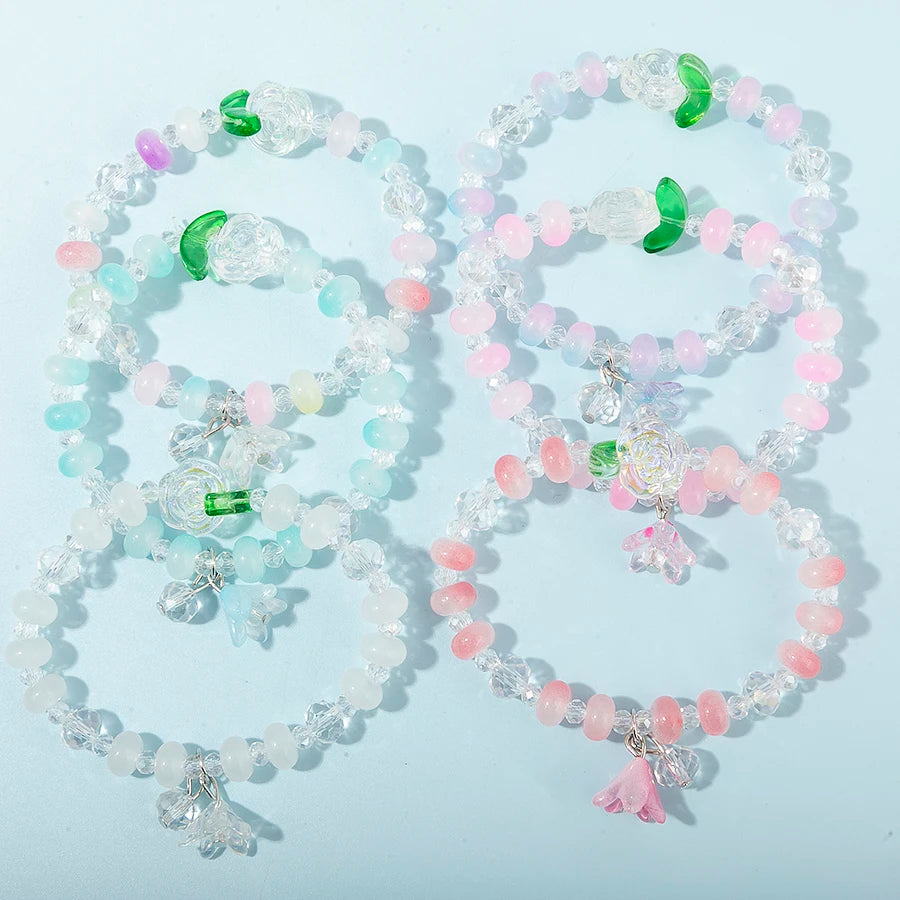 6pcs/set Flower Butterfly Charms Bracelet Elastic Bracelet Colorful Glass Beads Bracelet For Women Girls Fashion Jewelry Gifts
