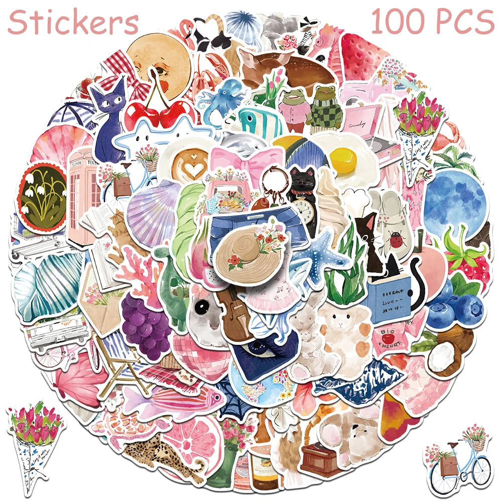 50/100pcs Cartoon Watercolor Dairy Stickers Decals For Phone Laptop Scrapbook Luggage Helmet DIY Graffiti Aesthetic Stickers