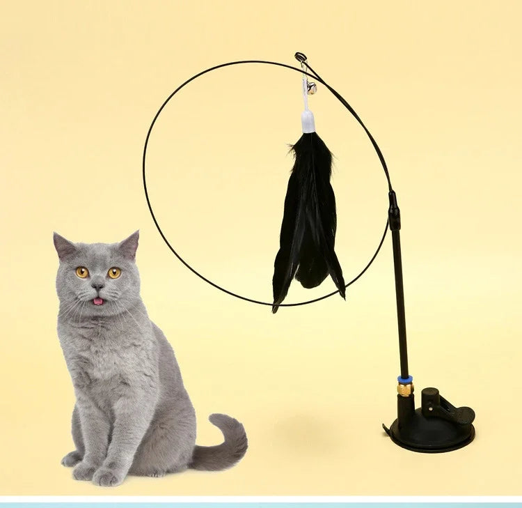 Cat Toy Cat Teaser Stick With Bell Extended Rod Suction Cup Self High And Durable Bite Teaser Tool Replaceable Feather Head - WTN Essentials 