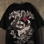 2025 New pure cotton American retro skull print T-shirt with round neck and short sleeve women summer European and American tops