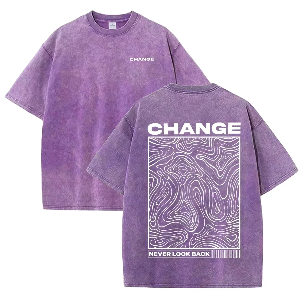 "CHANGE" Topographic Line Art Print Vintage Washed Beige Casual Graphic T Shirt