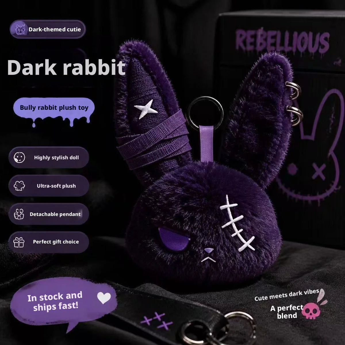 Gothic Bunny Plush Keychain RabbitBag Charm with Bandage Desian Kawaii Key Ring Pendant Car Bag Ornament Gift To