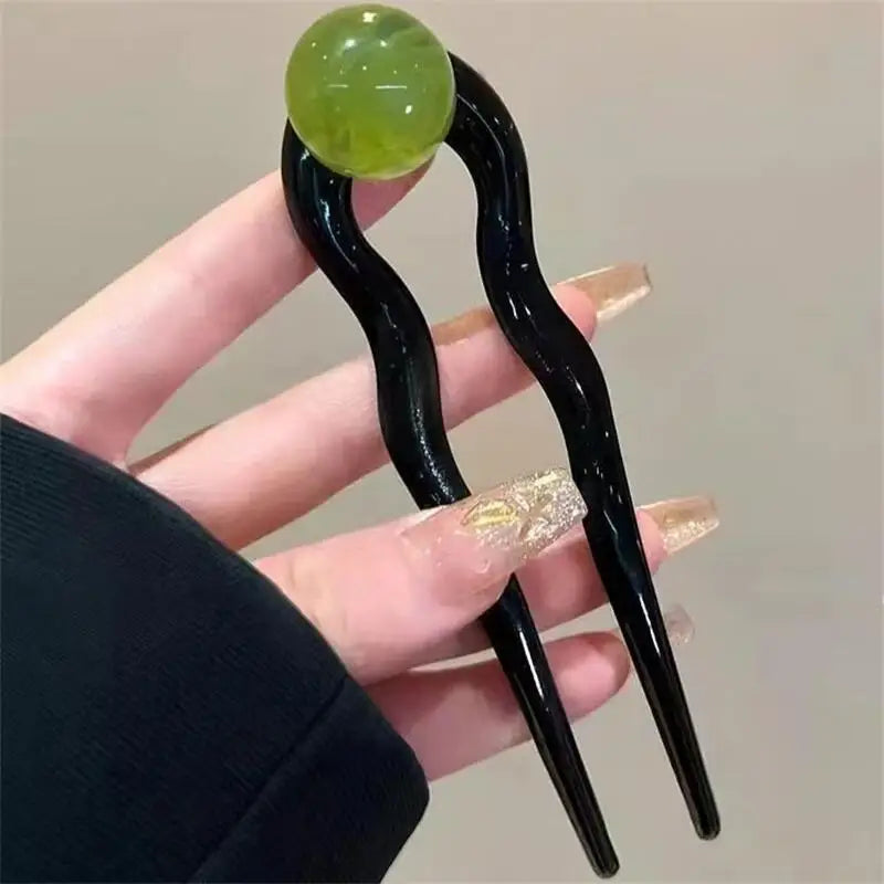 Fashion Colored Pearl U-Shaped Hair Sticks Hairpin Hair Fork Bun Sweet Trendy Acrylic Hair Clip for Women Girls Hair Accessories