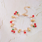 Sweet Cute Red Strawberry Cherry Heart Pearl Charm Bracelet New Fashion Y2K Fruit Gold Color Chain Jewelry Party Gifts 2025