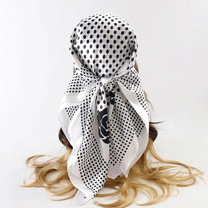 Satin Square Scarf Women Muslim Hijab Elegant 2025 Print Silk Neckerchief Shawl Wraps Headband Handle Hair Accessories Bandana