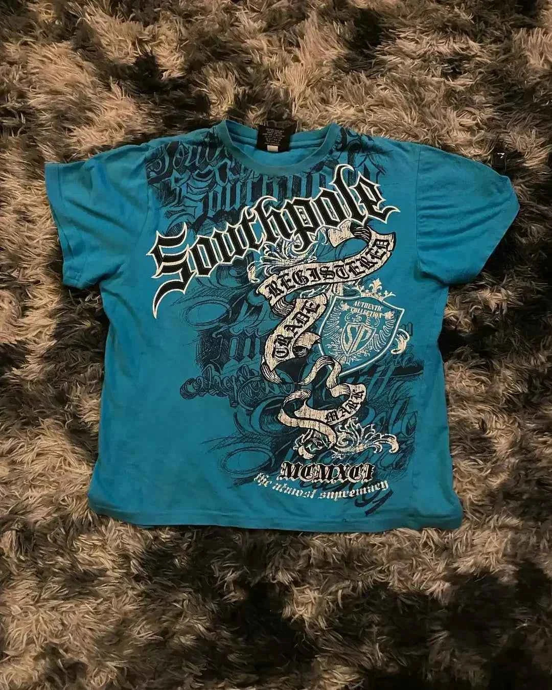 Southpole Y2K Vintage Cotton Graphic Tee Distressed Oversized Unisex T-Shirt with Gothic Print Streetwear Retro Soft Shirt Man