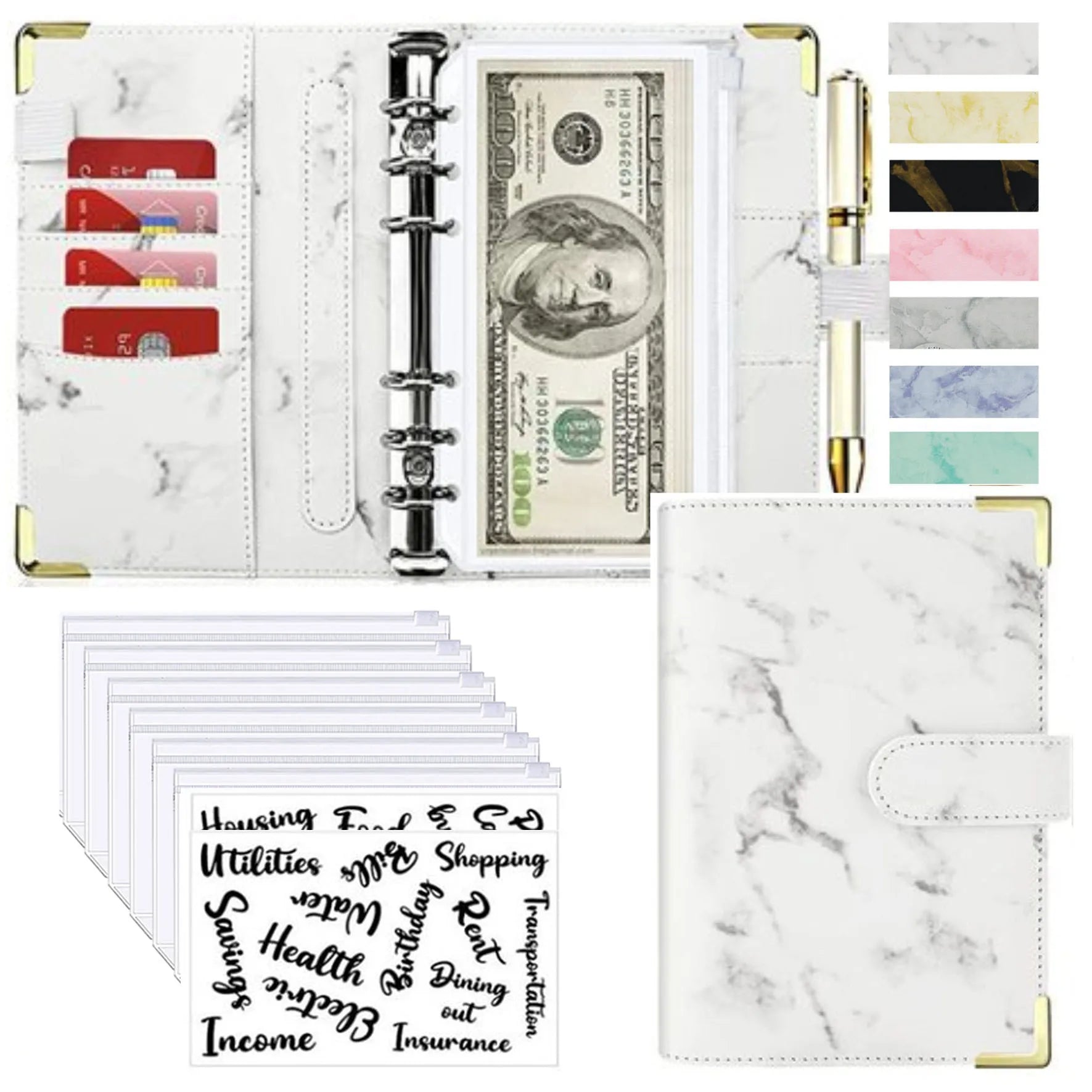 A6 Money Saving Organizer PU Leather Budget Binder Marble Notebook Budgets Planner 2023 Envelope Office School Supplies