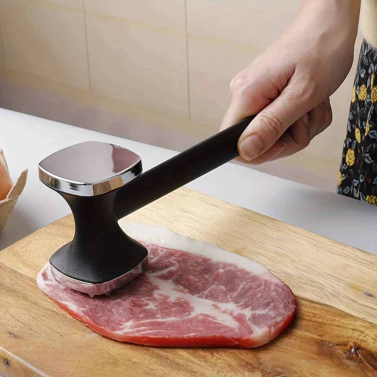 Heavy Duty Stainless Steel Meat Tenderizer Hammer – Rubber Grip Steak Mallet Tool