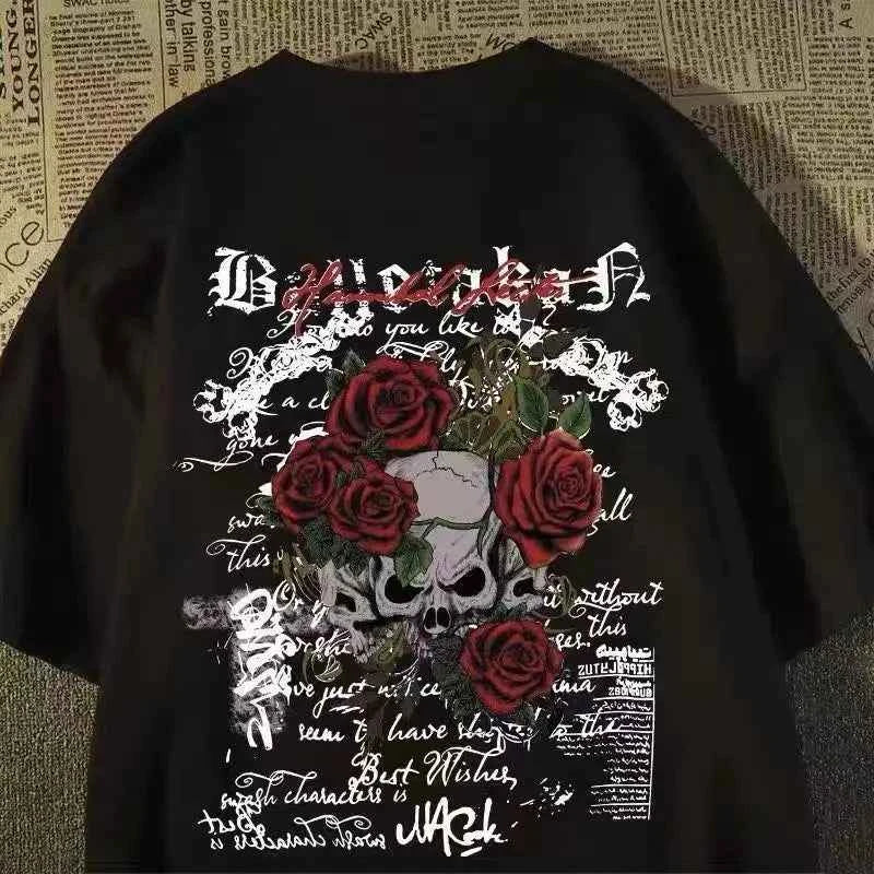 2025 New pure cotton American retro skull print T-shirt with round neck and short sleeve women summer European and American tops