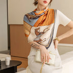 Luxury Horse Print Square Scarf Vintage Imitation Silk Shawl Scarf  Women Windproof Outdoor Head Wrap 110*110cm