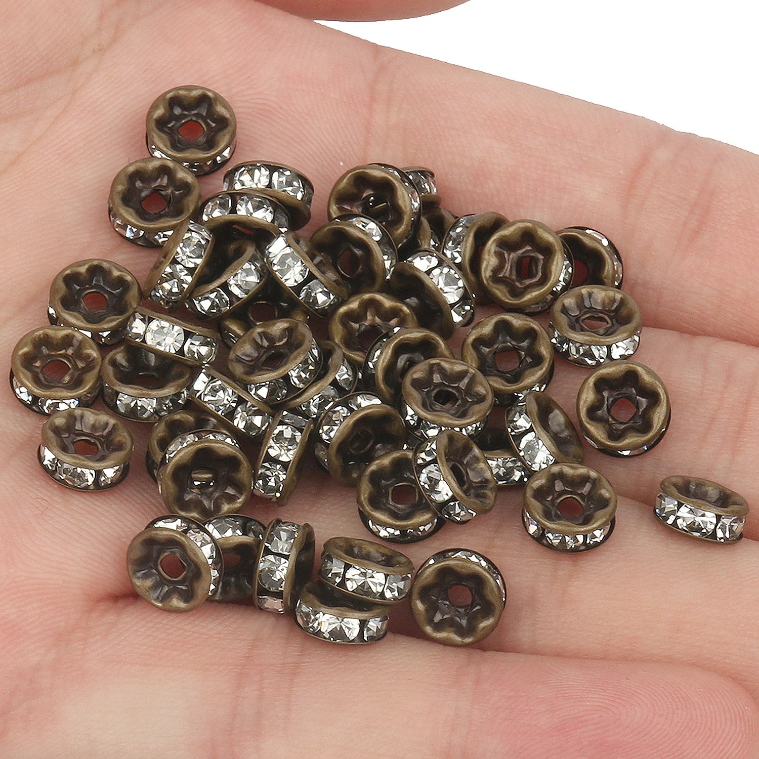 50pcs Rhinestone Spacer Beads Multi-color Crystal Metal Spacers Rondelle Beads for Jewelry Making DIY Bracelets Accessories