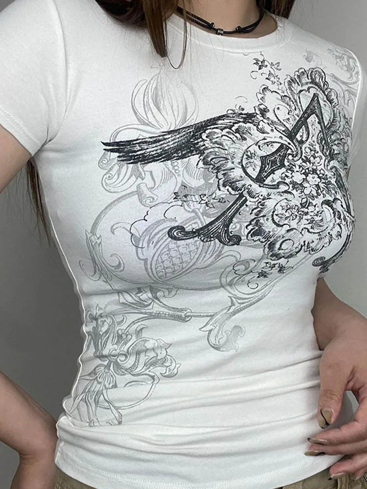 Retro Graphic Crop Top White Short Sleeve O Neck Casual T Shirt for Women Y2K Aesthetic Vintage Basic Tees Ladies Clothes