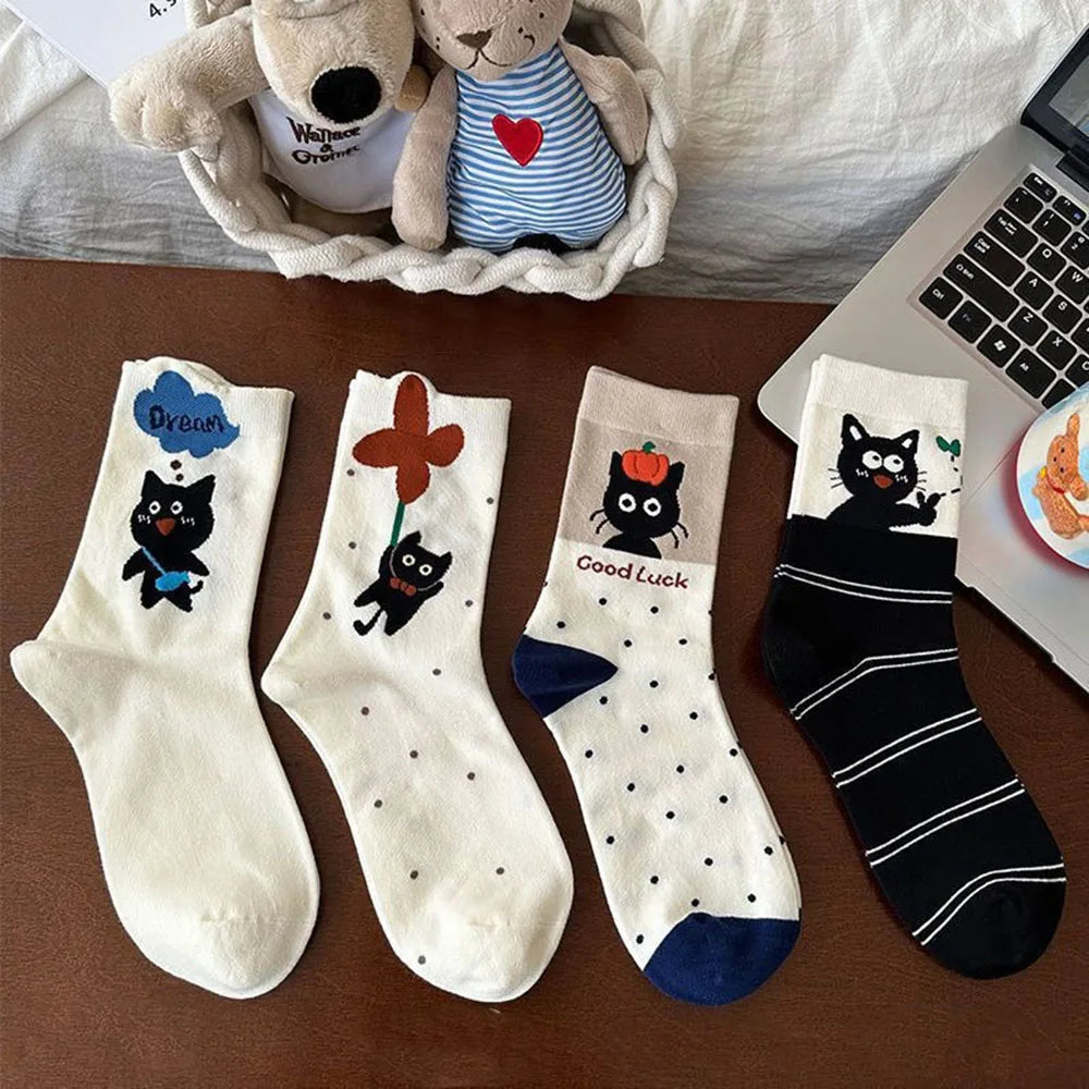 4 Pairs  Cute Socks with Personality Polka Dots Cat Korean-style INS Stacked Socks for All Seasons Student Mid-calf Socks