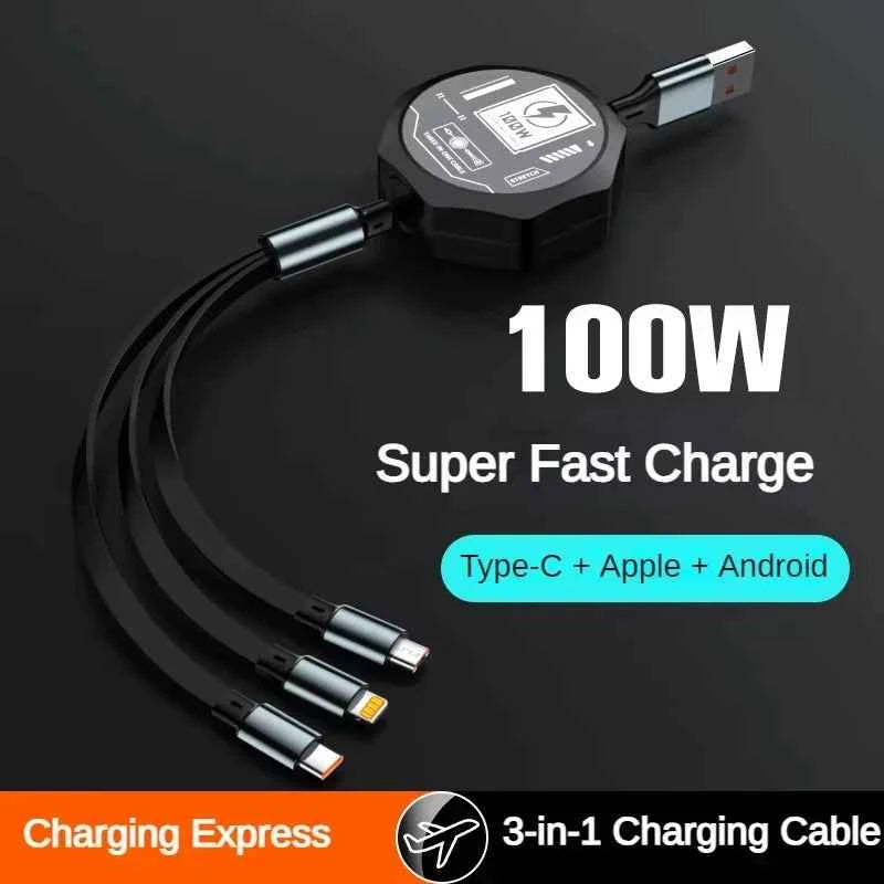 3 in 1 Retractable USB 100W Cable Fast Charging Micro USB 5A Type-C Android Suitable for iPhone Xiaomi Huawei Samsung Charging