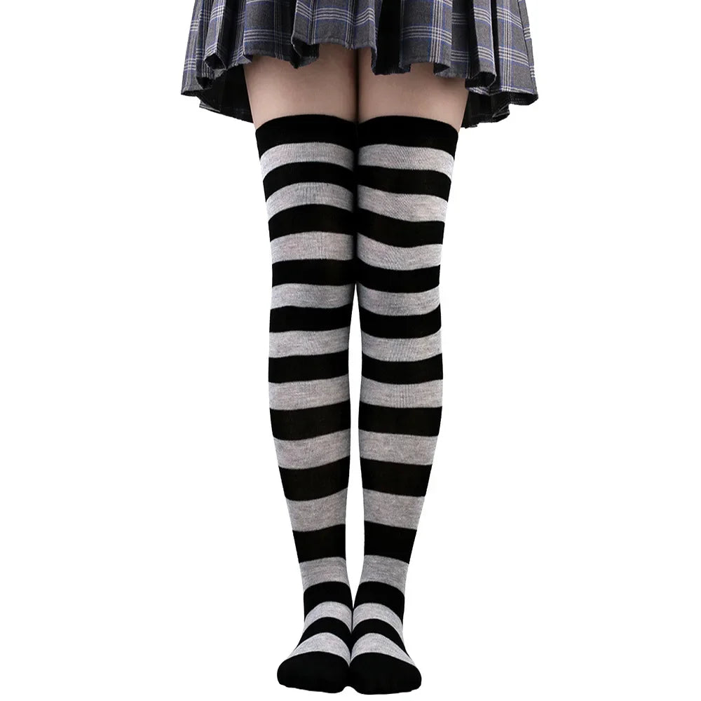 Thigh High Stockings Womens Striped Ladies Girls Black White Pink Long Over Above Knee Socks Femboy Cosplay Lolita Harajuku Y2k