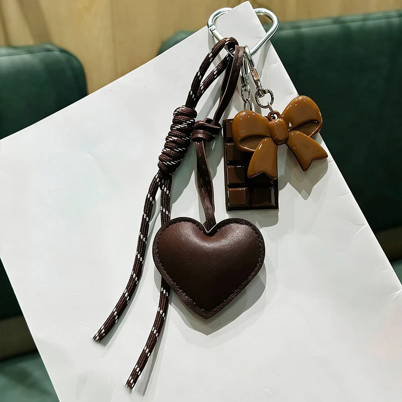 INS Style Kawaii Korea Trendy Heart Leather Keychain Bag Package Decor Chocolate Pendant Accessories Creative Key Chain Trendy