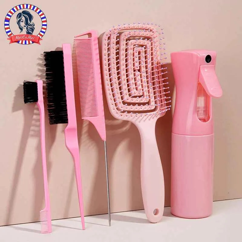 5pcs comb set Relaxing Elastic Massage Comb Hollow Out Hair Brush Scalp Massage Combs Hair Styling Spray bottle Hair Salon Tools