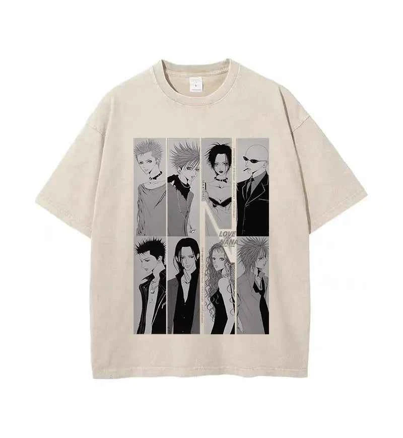 Japanese Anime Nana Osaki Print Vintage Washed Tshirt Harajuku Streetwear Graphic T-Shirt Summer Short Sleeve Cotton Tshirt