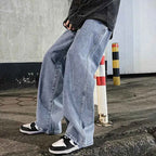 New Streetwear Loose Jeans Men Korean Style Fashion Loose Straight Wide Leg Pants Men's Brand Clothing Black Light Blue