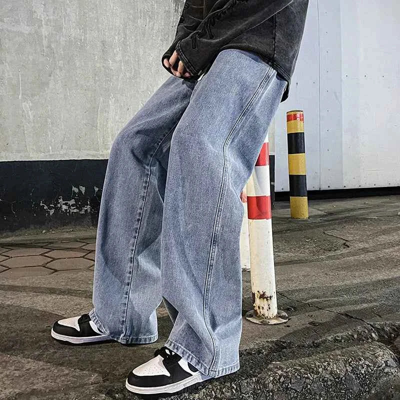 New Streetwear Loose Jeans Men Korean Style Fashion Loose Straight Wide Leg Pants Men's Brand Clothing Black Light Blue