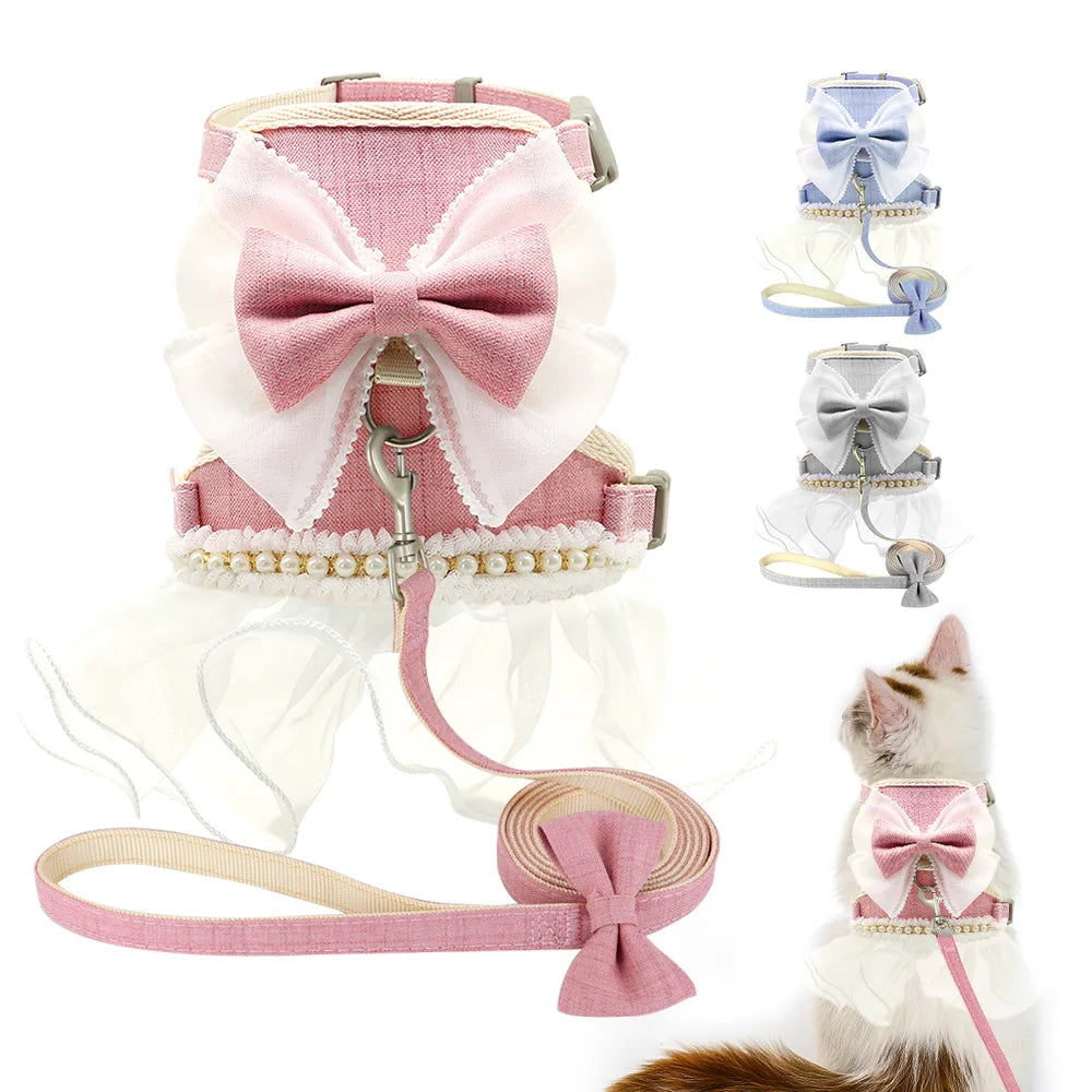 Cute Bowknot Cat Harness Dress with Leash