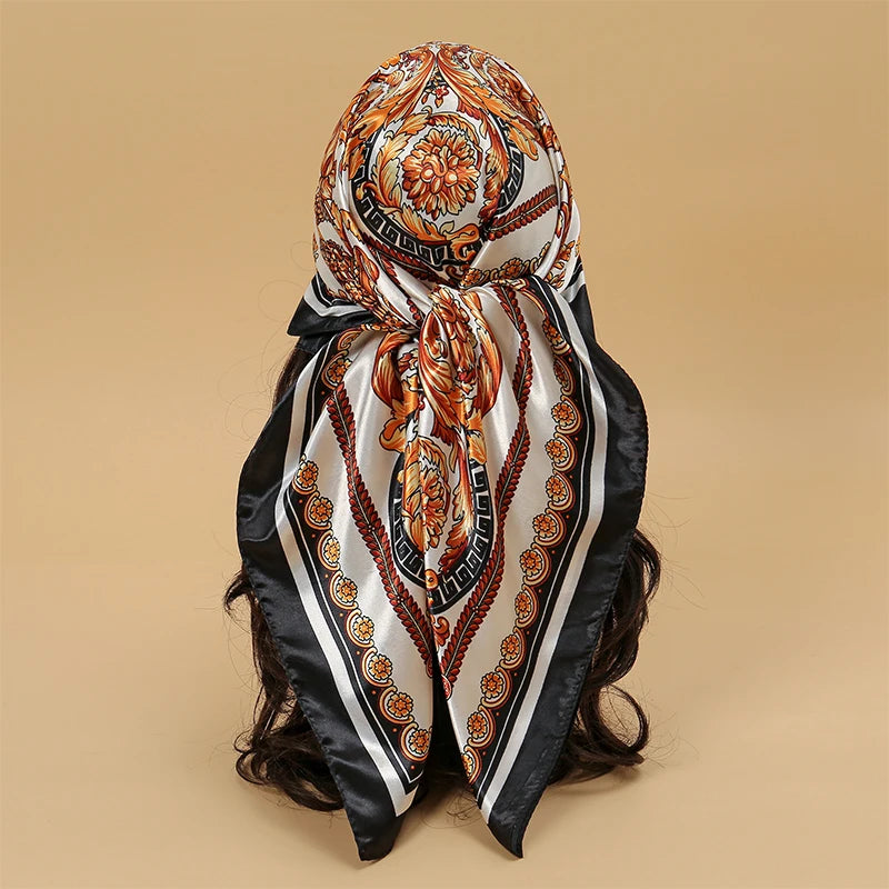 Satin Square Scarf Women Muslim Hijab Elegant 2025 Print Silk Neckerchief Shawl Wraps Headband Handle Hair Accessories Bandana