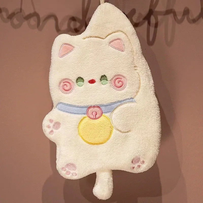 Cute Cat Hand Towel Quick Drying Kitchen Cleaning Rag Coral Velvet Cartoon Animal Absorbent Bathroom Hanging Towel Home Supplies