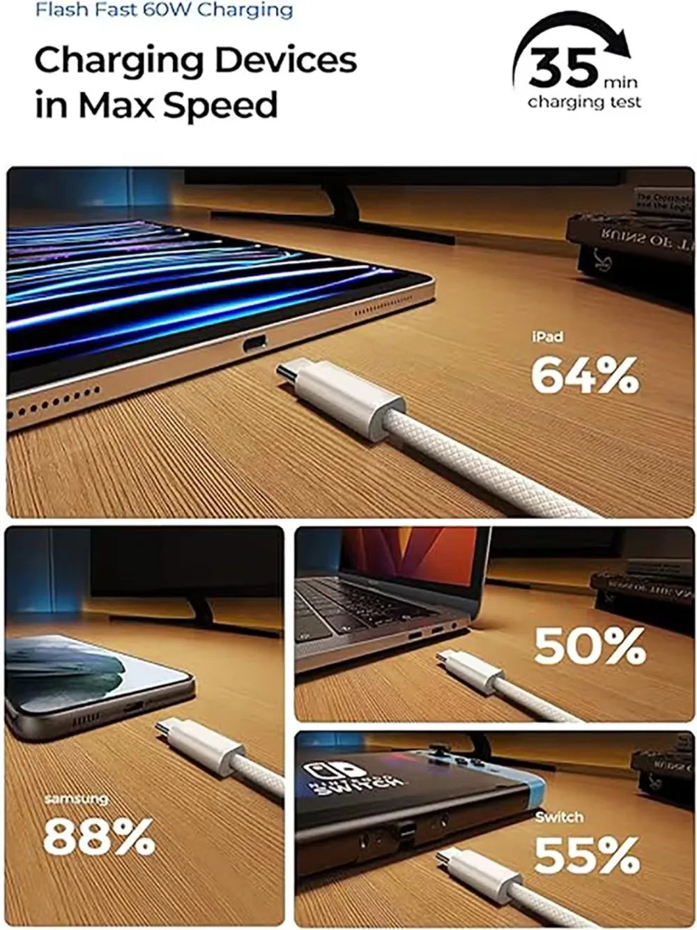60W USB C to Type C Color Cable For Apple iPhone  PD Fast Charging For Huawei Xiaomi Samsung Type C Weaving Cable Accessories