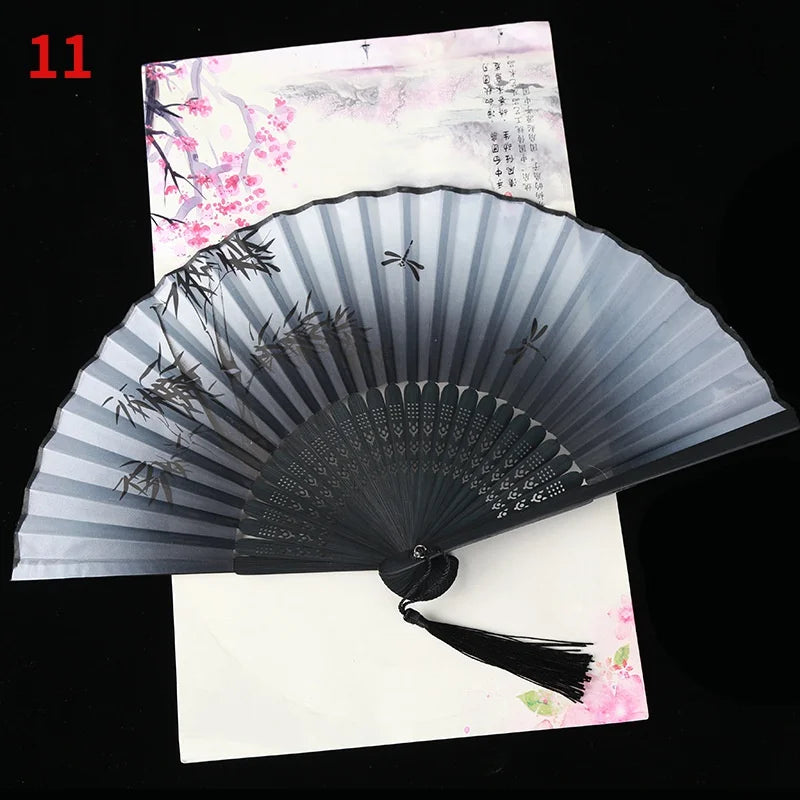 Vintage Silk Folding Fan Bamboo Tassel Decorative Hand Fan