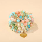 4Pcs Bohemia Acrylic Beaded Bracelet Set For Women Solid Heart Charm Elastic Chain Bangle Men Retro Daily Wear Jewelry Gift