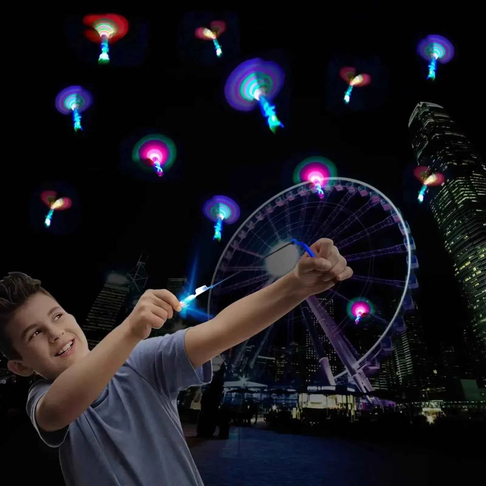 Outdoor Flash Rocket toy LED Lights Glowing Slingshot Rocket Helicopter Flying Toy Party Fun Gift Rubber Band Ejector Toys