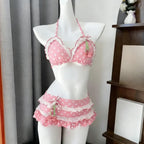 Japanese Style Kawaii Girls Swimsuit Sweet Printed Halter Bikini Swimsuit Women Ruffle Bikini Set Bather Bathing Suit Swim