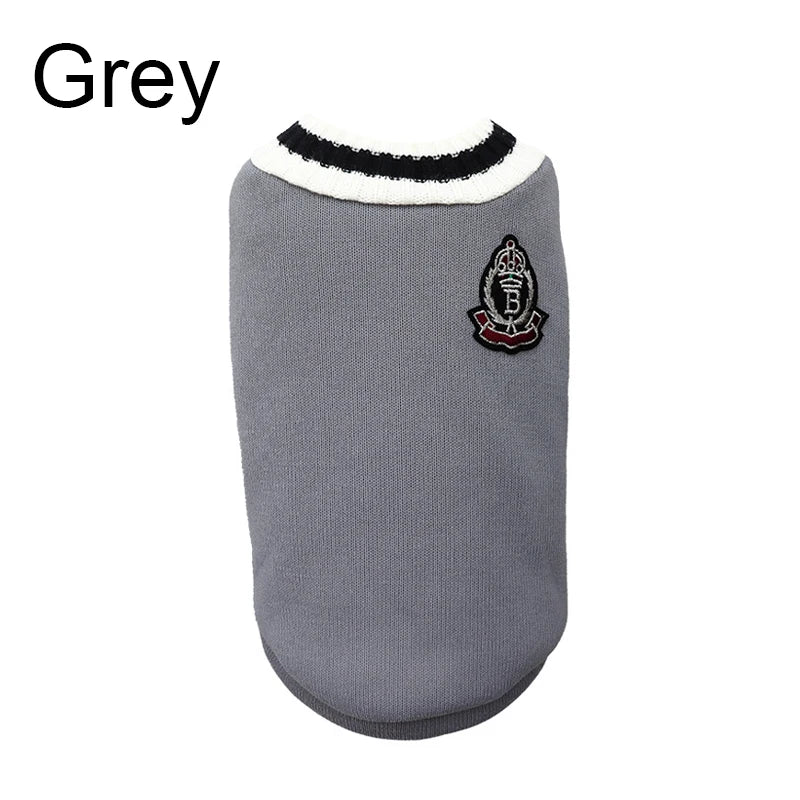 Gray dog sweater with a logo on a white background